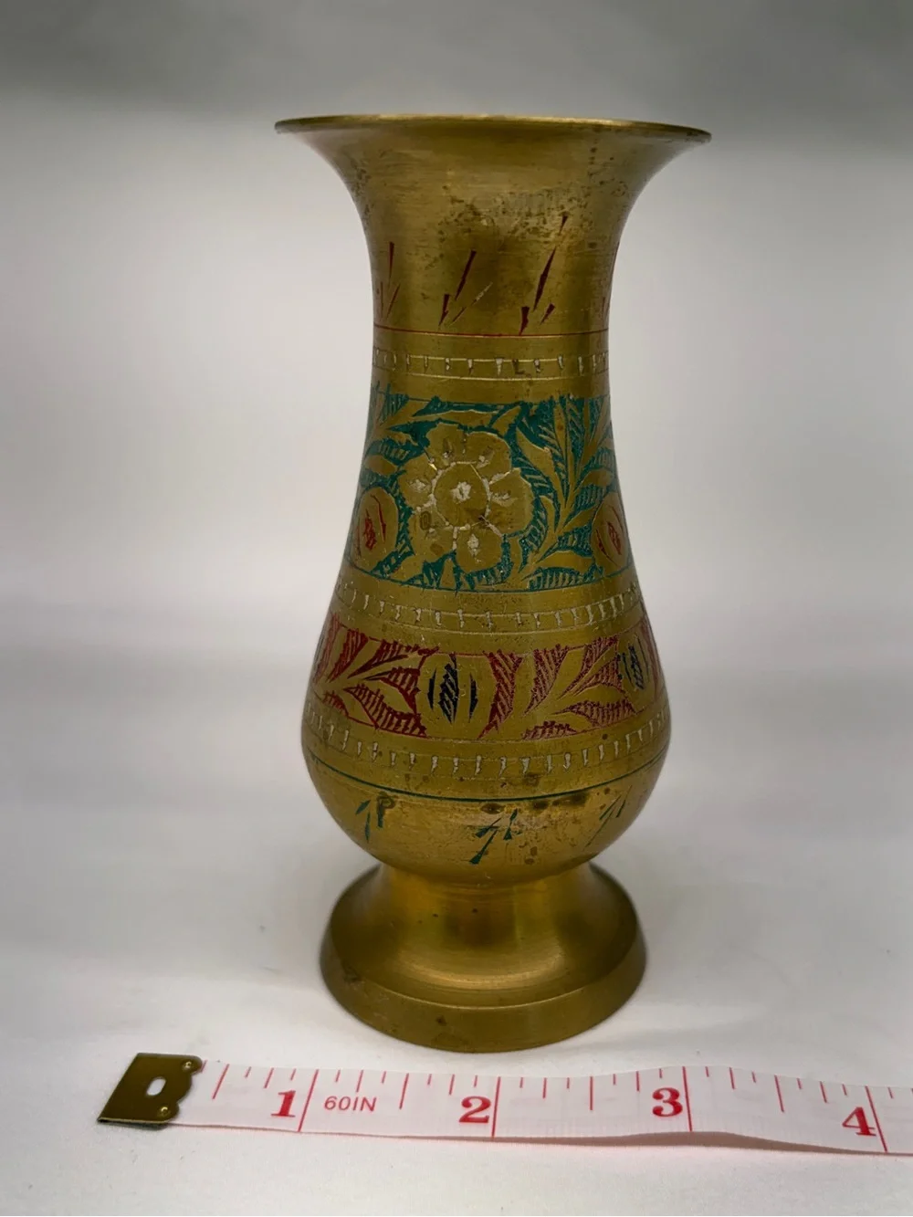 Vintage Etched Brass Floral Vase Hand Painted 6